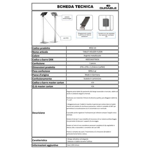 Porta tablet da pavimento DURABLE per tablet da 7'' a 13'' argento metallizzato 27x27x121,5cm - 893223